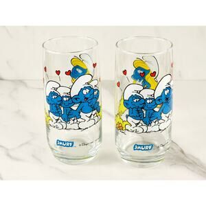Smurf Smurfette Drinking Clear Glasses 14oz by Peyo 1982 6" x2 Vintage